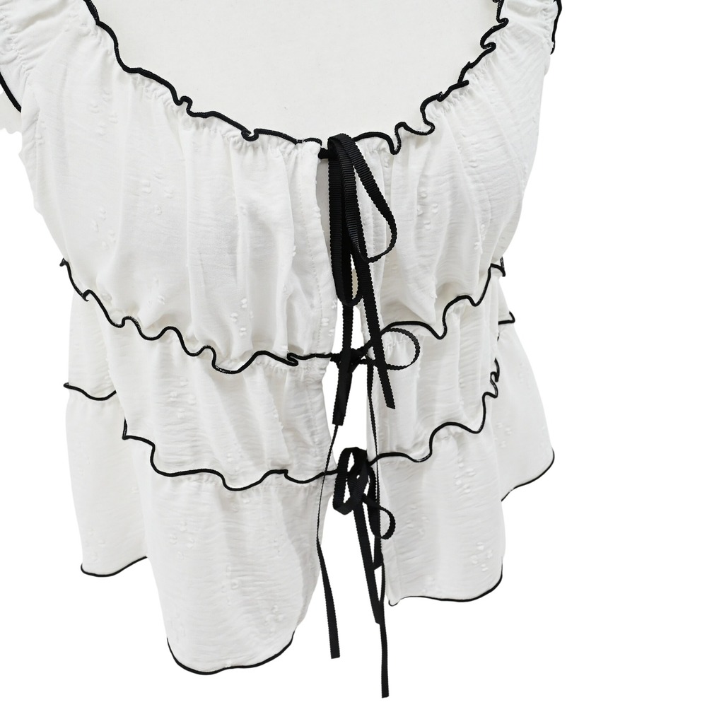 Y2K KIRIOUS Los Angeles White Babydoll Bustier Top Black Lettuce Hem Coquette - Picture 5 of 9